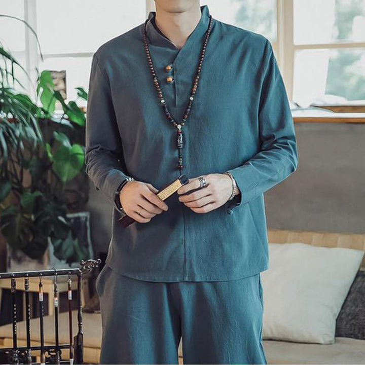 Buddha Stones 2Pcs Cotton Shirt Ankle-Length Pants With Pockets Men's Meditation Cloth Set - image 22