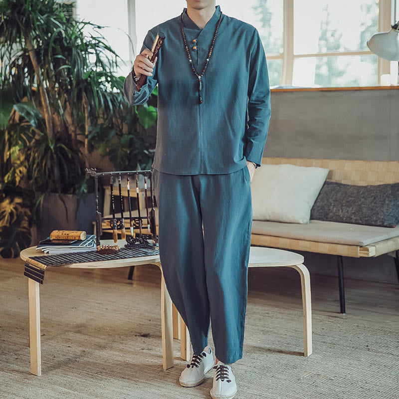 Buddha Stones 2Pcs Cotton Shirt Ankle-Length Pants With Pockets Men's Meditation Cloth Set - image 19