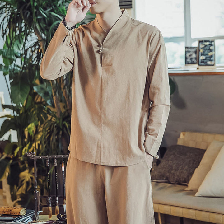 Buddha Stones 2Pcs Cotton Shirt Ankle-Length Pants With Pockets Men's Meditation Cloth Set - image 30