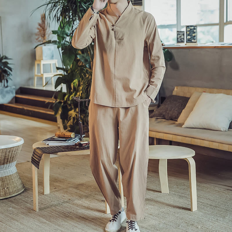 Buddha Stones 2Pcs Cotton Shirt Ankle-Length Pants With Pockets Men's Meditation Cloth Set - image 27