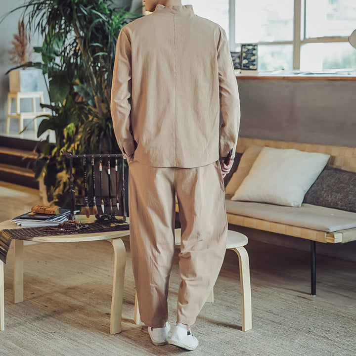 Buddha Stones 2Pcs Cotton Shirt Ankle-Length Pants With Pockets Men's Meditation Cloth Set - image 28