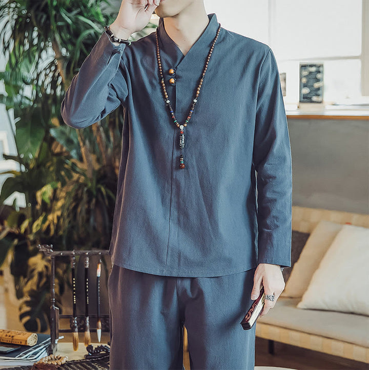 Buddha Stones 2Pcs Cotton Shirt Ankle-Length Pants With Pockets Men's Meditation Cloth Set - image 38