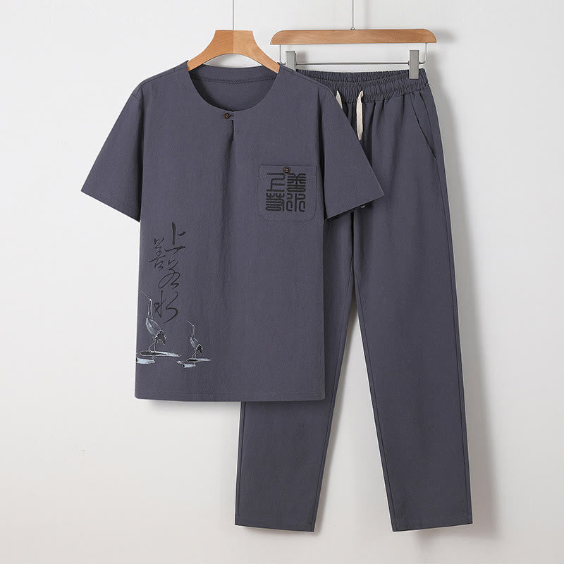 Buddha Stones 2Pcs Chinese Characters Crane Cotton Shirt Pants With Pockets Men's Meditation Cloth Set - Gray - US/UK/AU46，EU56 (5XL) - image 17