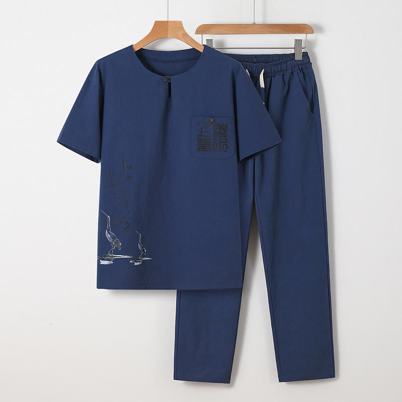 Buddha Stones 2Pcs Chinese Characters Crane Cotton Shirt Pants With Pockets Men's Meditation Cloth Set - SteelBlue - US/UK/AU46，EU56 (5XL) - image 5