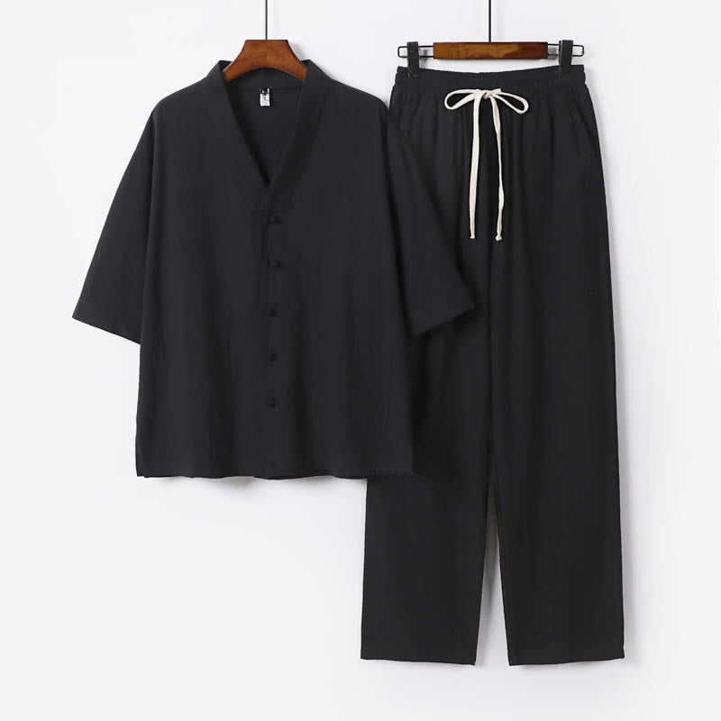 Buddha Stones 2Pcs Summer V-Neck Cotton Shirt Pants With Pockets Men's Meditation Cloth Set - Black - US/UK/AU56，EU66(9XL) - image 11