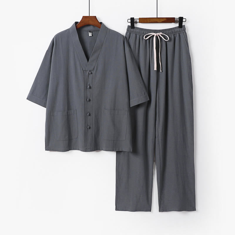 Buddha Stones 2Pcs Summer V-Neck Cotton Shirt Pants With Pockets Men's Meditation Cloth Set - LightGrey - US/UK/AU56，EU66(9XL) - image 0