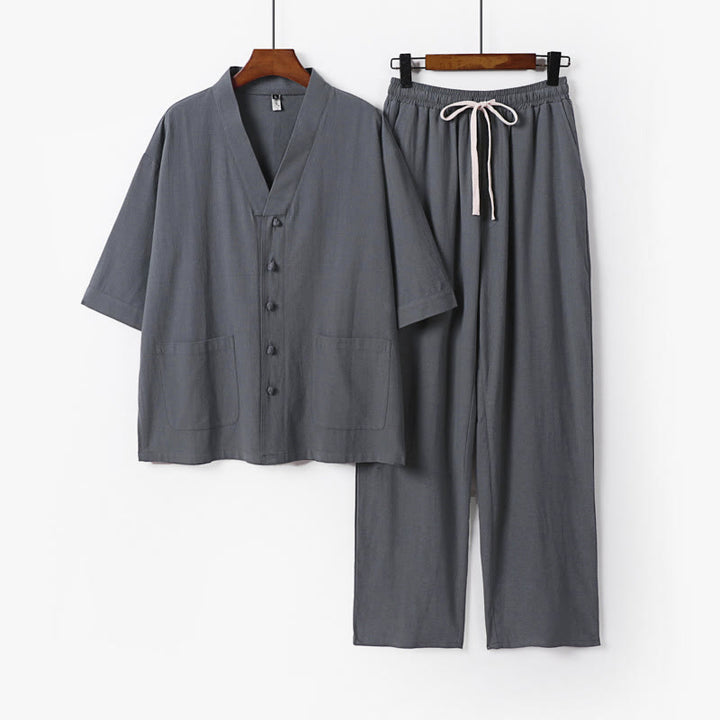Buddha Stones 2Pcs Summer V-Neck Cotton Shirt Pants With Pockets Men's Meditation Cloth Set - LightGrey - US/UK/AU56，EU66(9XL) - image 0