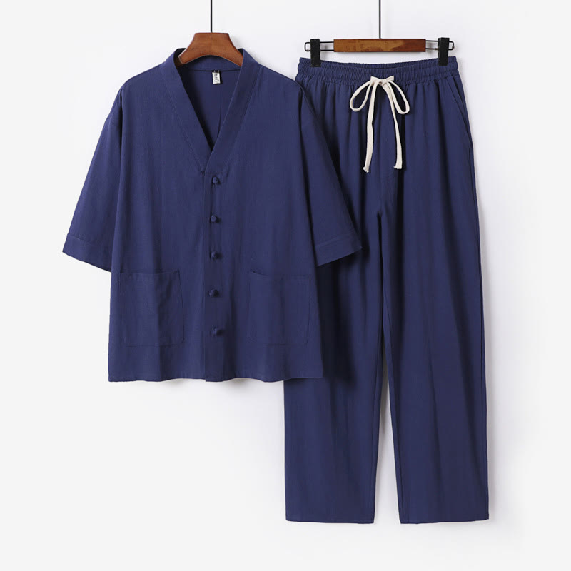 Buddha Stones 2Pcs Summer V-Neck Cotton Shirt Pants With Pockets Men's Meditation Cloth Set - SteelBlue - US/UK/AU56，EU66(9XL) - image 17