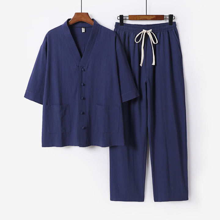 Buddha Stones 2Pcs Summer V-Neck Cotton Shirt Pants With Pockets Men's Meditation Cloth Set - SteelBlue - US/UK/AU56，EU66(9XL) - image 17