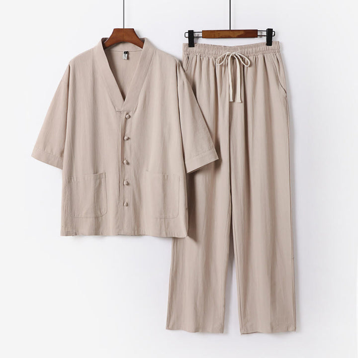 Buddha Stones 2Pcs Summer V-Neck Cotton Shirt Pants With Pockets Men's Meditation Cloth Set - Wheat - US/UK/AU56，EU66(9XL) - image 14