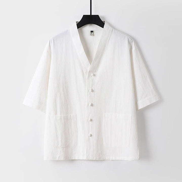 Buddha Stones 2Pcs Summer V-Neck Cotton Shirt Pants With Pockets Men's Meditation Cloth Set - image 4