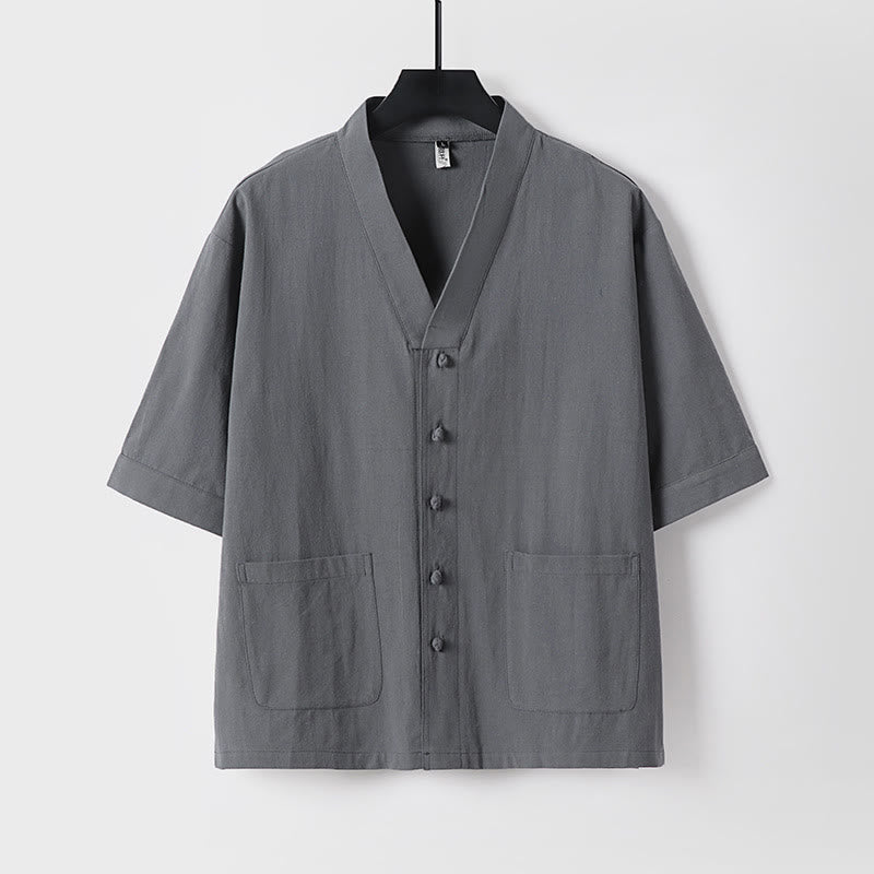 Buddha Stones 2Pcs Summer V-Neck Cotton Shirt Pants With Pockets Men's Meditation Cloth Set - image 1