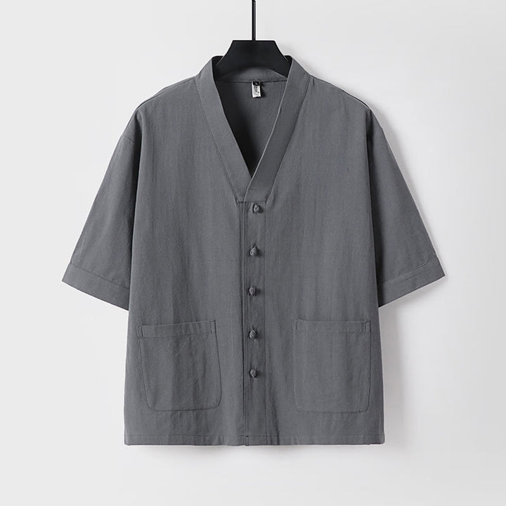 Buddha Stones 2Pcs Summer V-Neck Cotton Shirt Pants With Pockets Men's Meditation Cloth Set - image 1