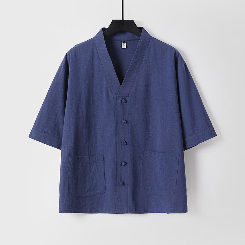 Buddha Stones 2Pcs Summer V-Neck Cotton Shirt Pants With Pockets Men's Meditation Cloth Set - image 18