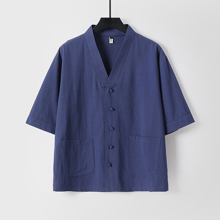 Buddha Stones 2Pcs Summer V-Neck Cotton Shirt Pants With Pockets Men's Meditation Cloth Set - image 18