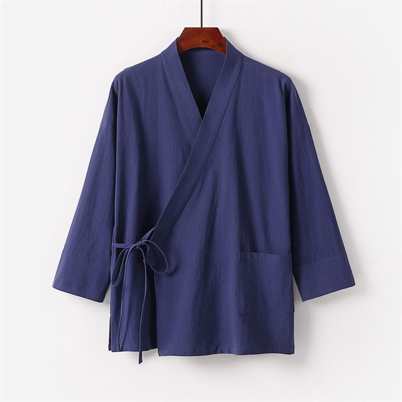 Buddha Stones 2Pcs Lace-up Cotton Kimono Pants With Pockets Men's Meditation Cloth Set - image 12