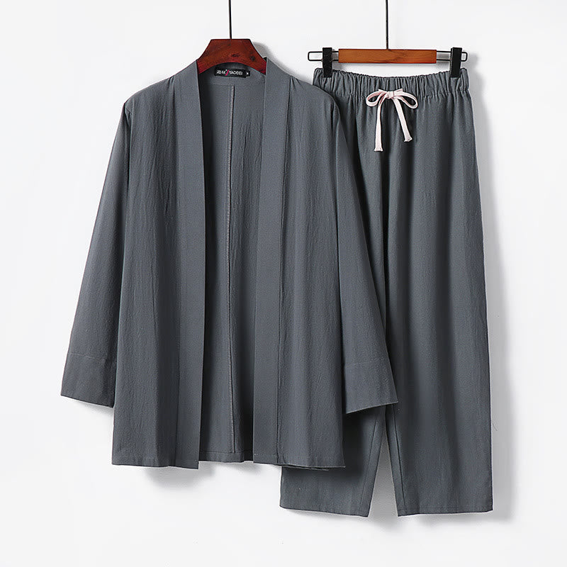 Buddha Stones 2Pcs Cotton Kimono Ankle-Length Pants Men's Meditation Cloth Set - Gray - US/UK/AU54，EU64 (9XL) - image 0