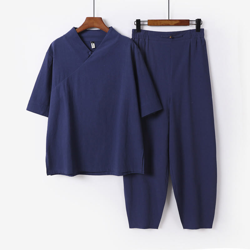 Buddha Stones 2Pcs V-Neck Cotton Half Sleeve Shirt Pants With Pockets Men's Meditation Cloth Set - SteelBlue - US/UK/AU56，EU66(9XL) - image 0