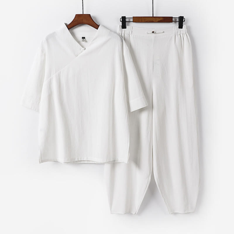Buddha Stones 2Pcs V-Neck Cotton Half Sleeve Shirt Pants With Pockets Men's Meditation Cloth Set - White - US/UK/AU56，EU66(9XL) - image 4