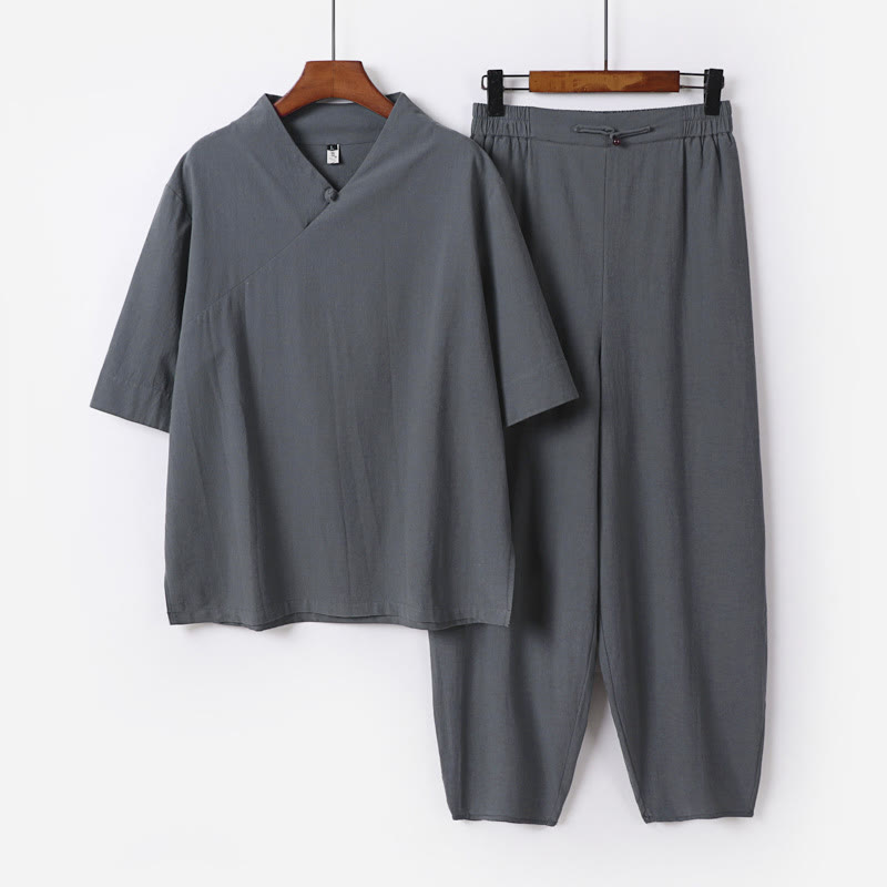 Buddha Stones 2Pcs V-Neck Cotton Half Sleeve Shirt Pants With Pockets Men's Meditation Cloth Set - Gray - US/UK/AU56，EU66(9XL) - image 7