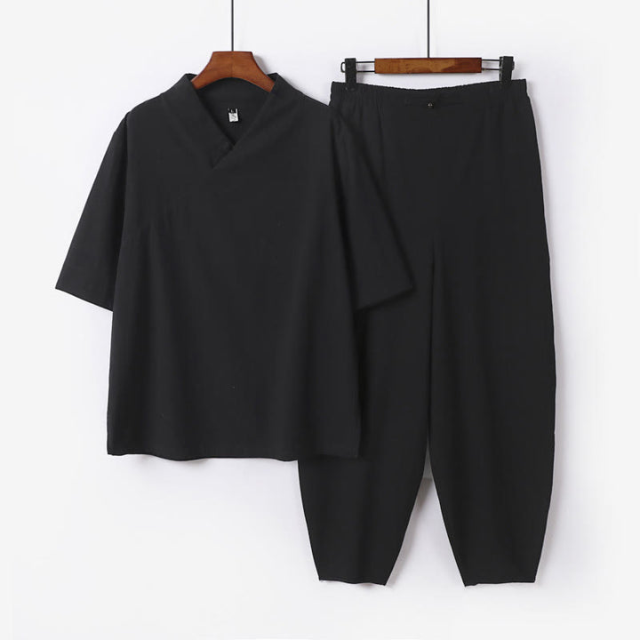Buddha Stones 2Pcs V-Neck Cotton Half Sleeve Shirt Pants With Pockets Men's Meditation Cloth Set - Black - US/UK/AU56，EU66(9XL) - image 16