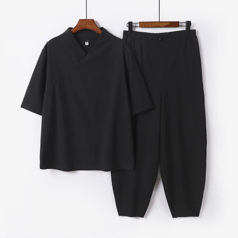 Buddha Stones 2Pcs V-Neck Cotton Half Sleeve Shirt Pants With Pockets Men's Meditation Cloth Set - Black - US/UK/AU56，EU66(9XL) - image 16