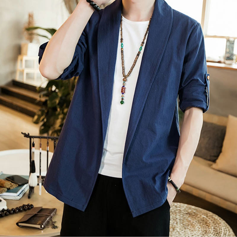 Buddha Stones Vintage Plain Lapel Open Front Jacket Cotton Men's Kimono - SteelBlue - US/UK/AU46，EU56 (5XL) - image 0