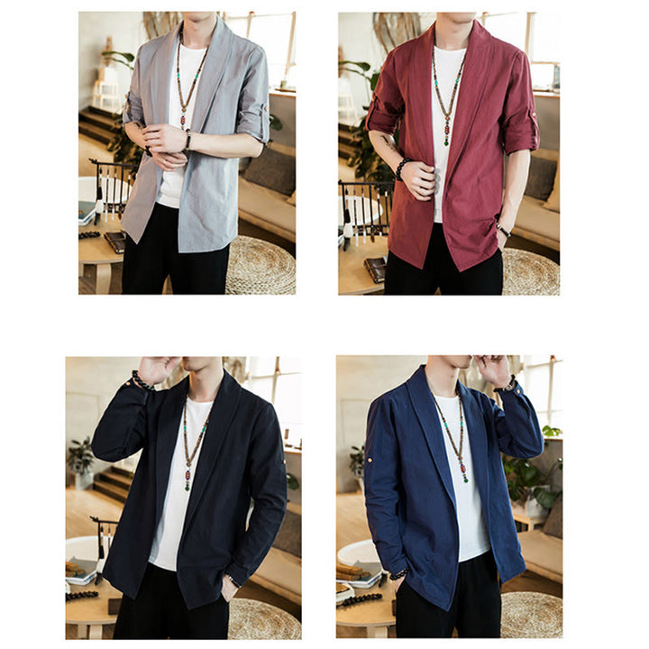 Buddha Stones Vintage Plain Lapel Open Front Jacket Cotton Men's Kimono - image 25