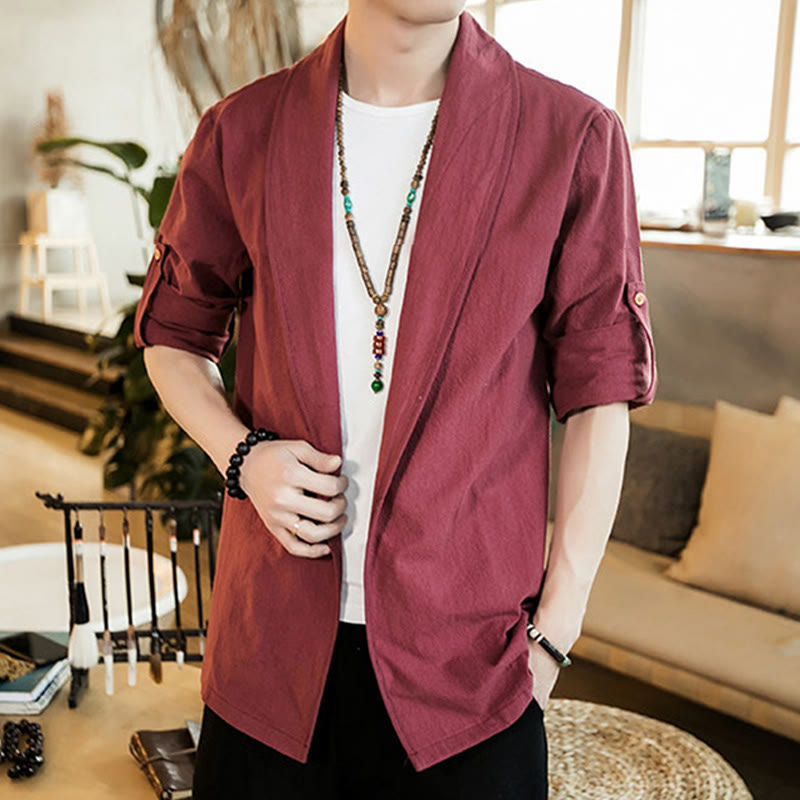 Buddha Stones Vintage Plain Lapel Open Front Jacket Cotton Men's Kimono - image 22