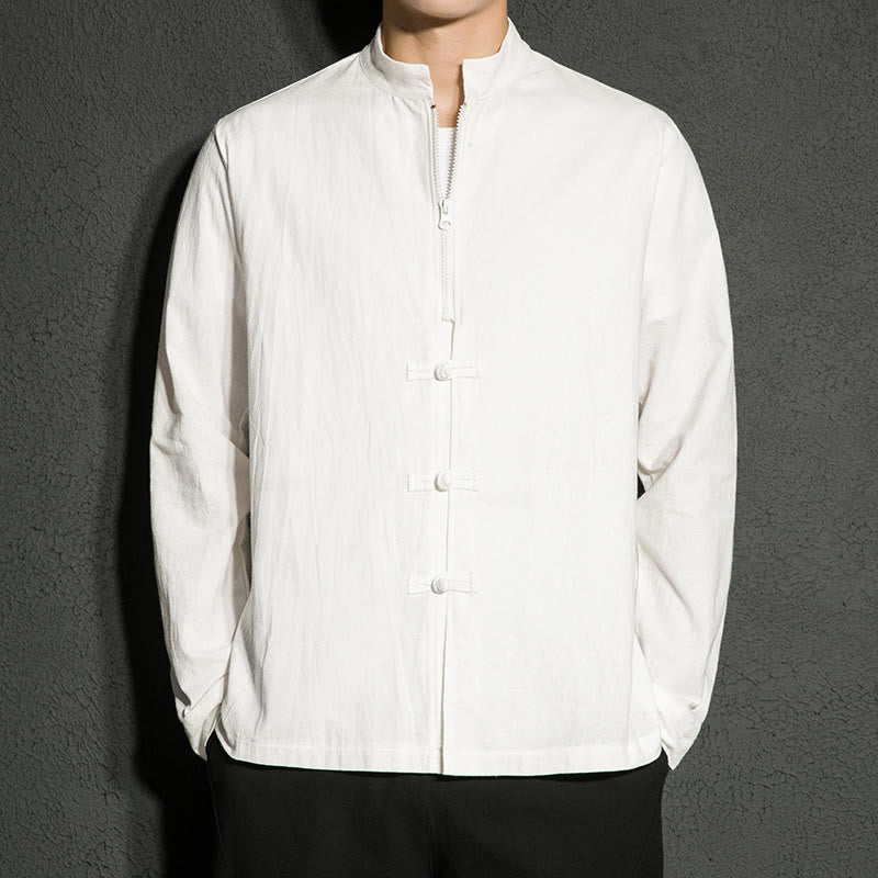 Buddha Stones Plain Zipper Chinese Frog-Button Cotton Long Sleeve Men's Shirt - White - US/UK/AU46，EU56 (5XL) - image 8