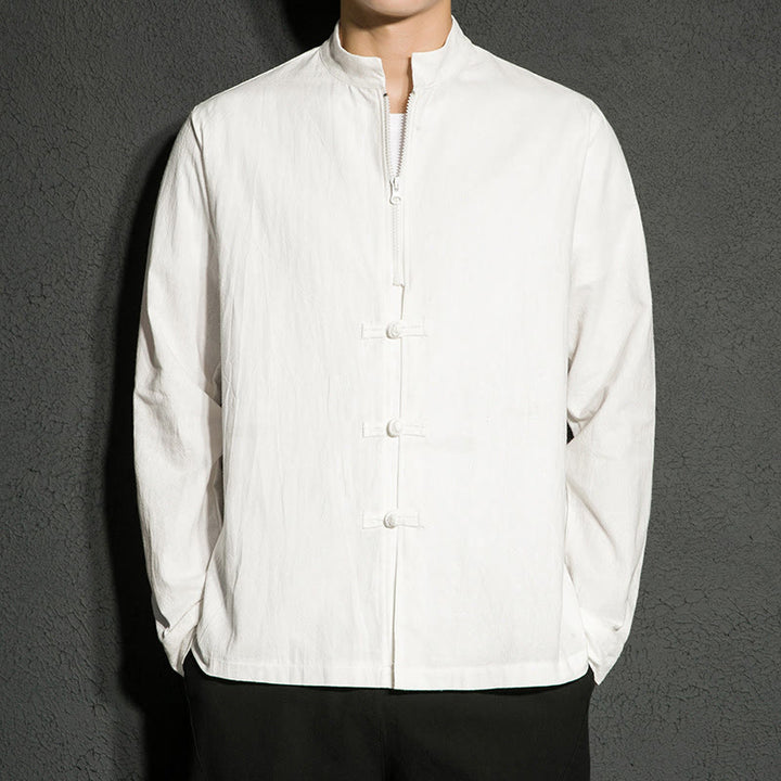 Buddha Stones Plain Zipper Chinese Frog-Button Cotton Long Sleeve Men's Shirt - White - US/UK/AU46，EU56 (5XL) - image 8