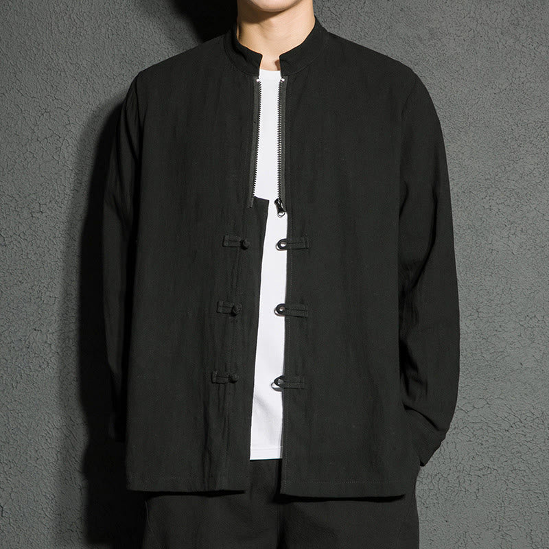 Buddha Stones Plain Zipper Chinese Frog-Button Cotton Long Sleeve Men's Shirt - image 3