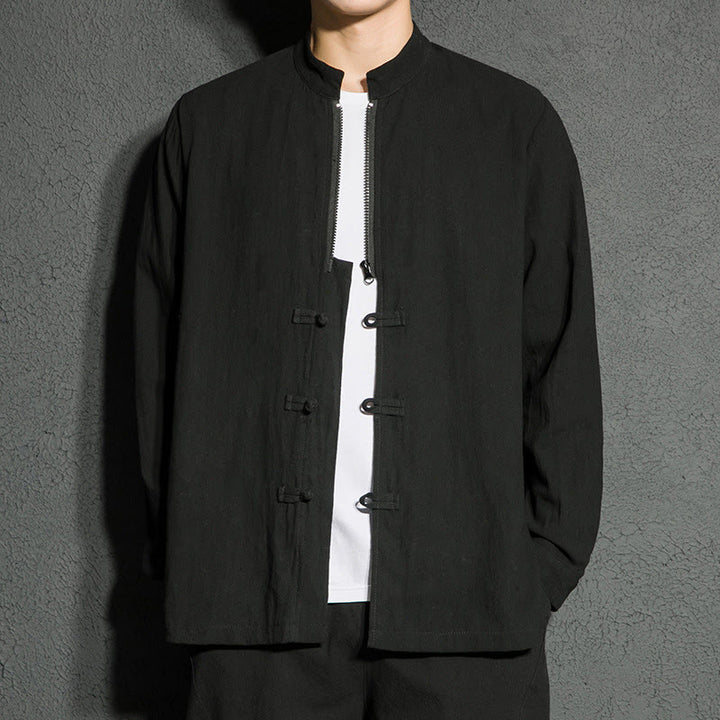 Buddha Stones Plain Zipper Chinese Frog-Button Cotton Long Sleeve Men's Shirt - image 3
