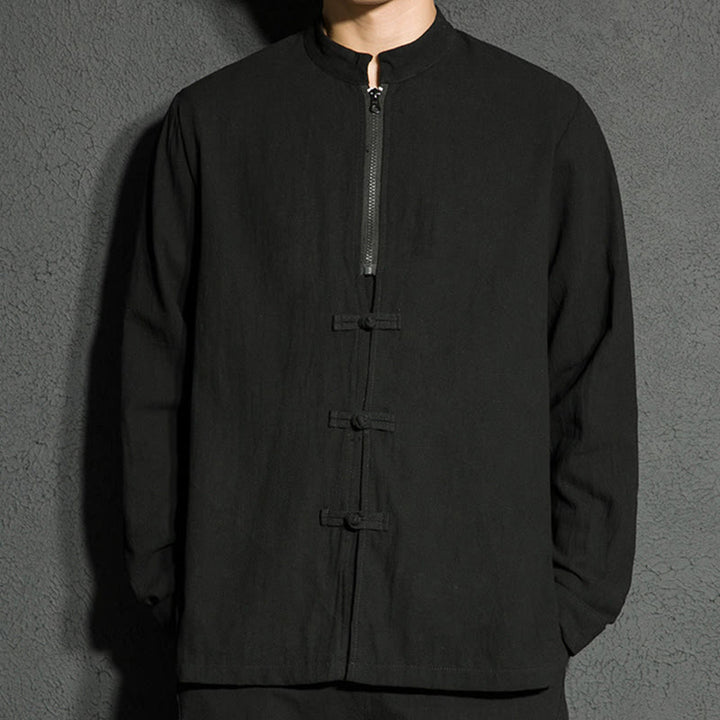 Buddha Stones Plain Zipper Chinese Frog-Button Cotton Long Sleeve Men's Shirt - image 4