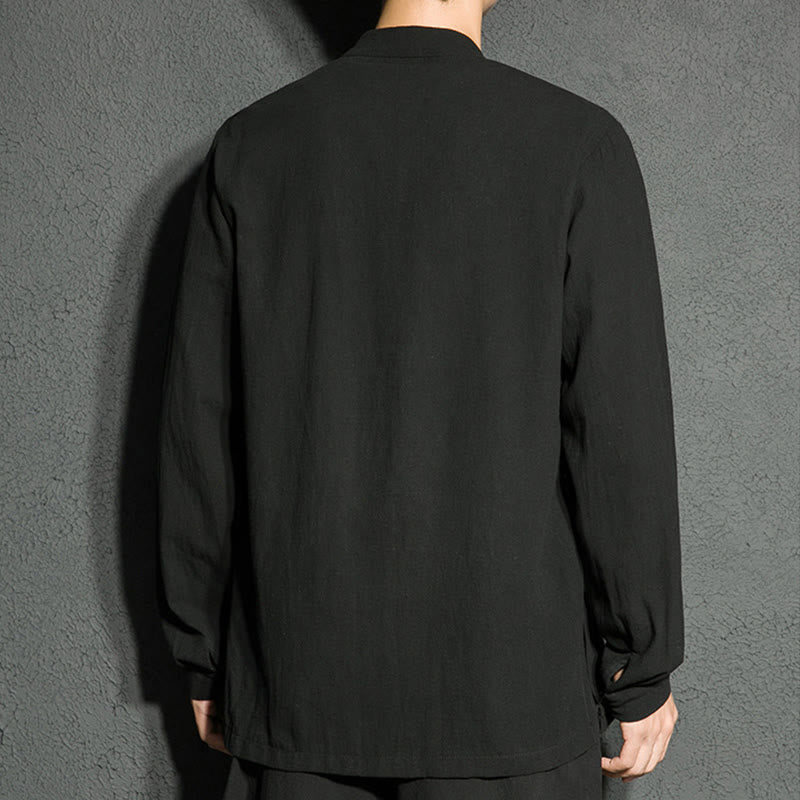 Buddha Stones Plain Zipper Chinese Frog-Button Cotton Long Sleeve Men's Shirt - image 2