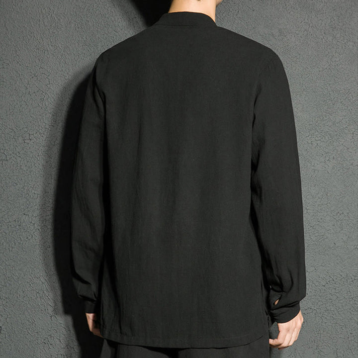 Buddha Stones Plain Zipper Chinese Frog-Button Cotton Long Sleeve Men's Shirt - image 2