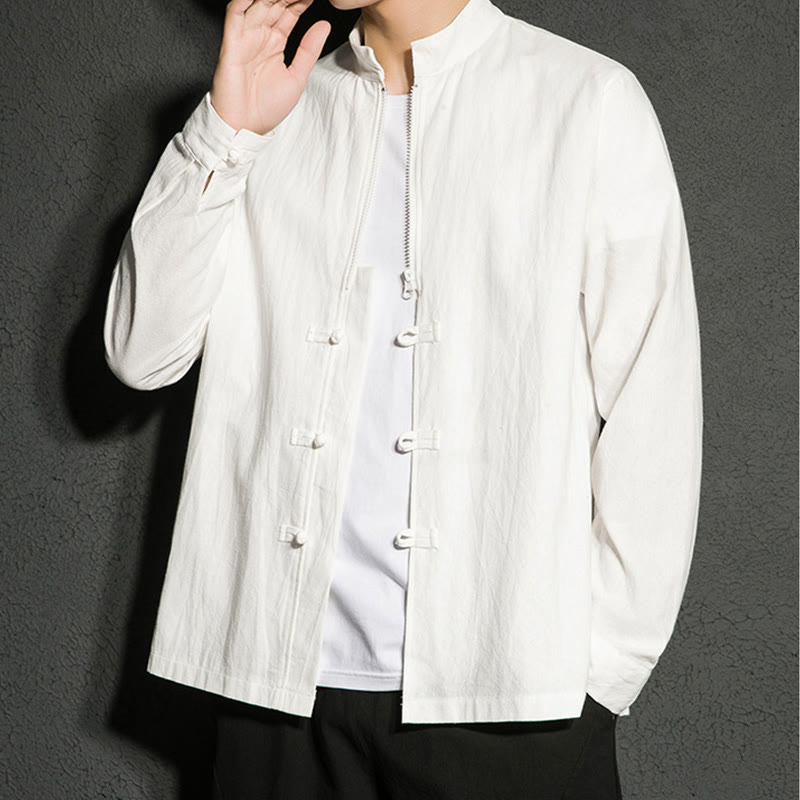 Buddha Stones Plain Zipper Chinese Frog-Button Cotton Long Sleeve Men's Shirt - image 11