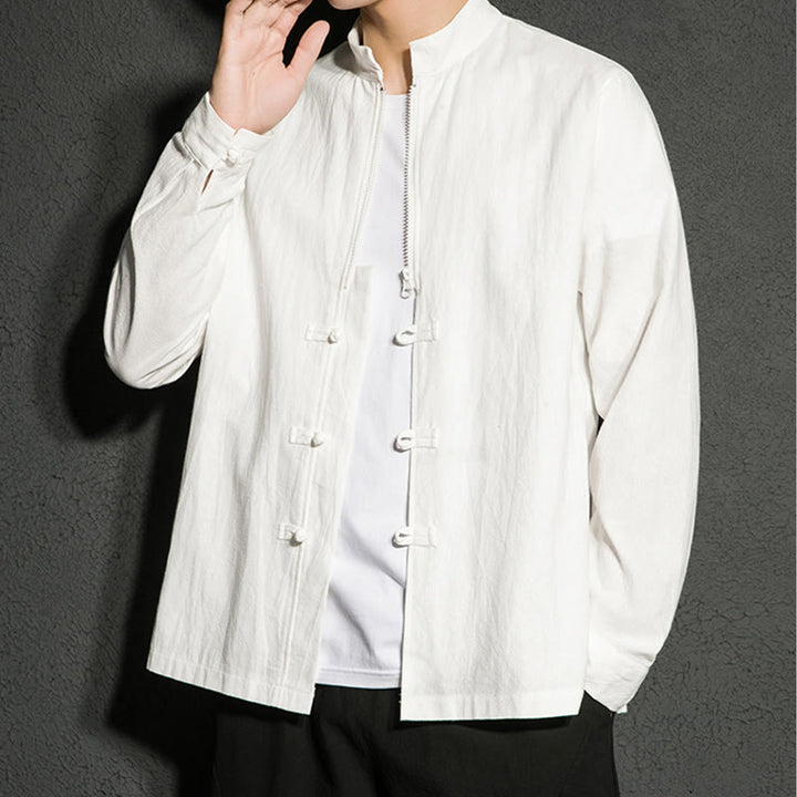Buddha Stones Plain Zipper Chinese Frog-Button Cotton Long Sleeve Men's Shirt - image 11