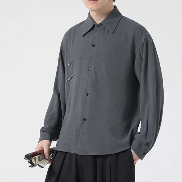Buddha Stones Plain Buttons Stand Collar Long Sleeve Men's Cotton Shirt - image 6