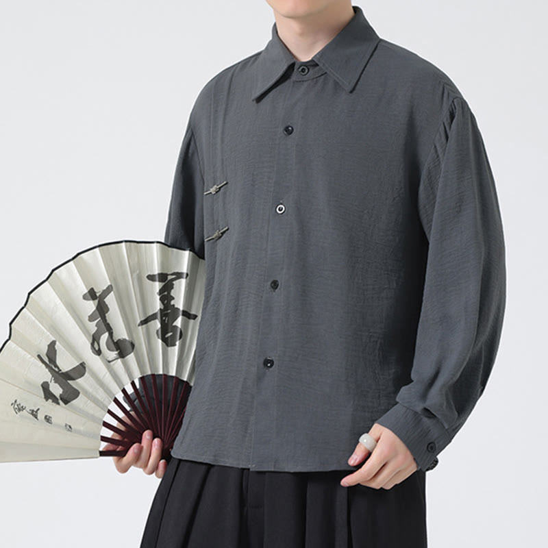 Buddha Stones Plain Buttons Stand Collar Long Sleeve Men's Cotton Shirt - Gray - US/UK/AU46，EU56 (5XL) - image 0