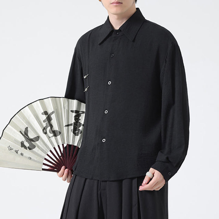 Buddha Stones Plain Buttons Stand Collar Long Sleeve Men's Cotton Shirt - image 24