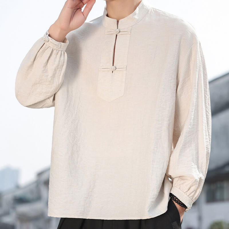 Buddha Stones Two Frog-Button Stand Collar Long Sleeve Men's Cotton Shirt - Linen - US/UK/AU48，EU58(5XL) - image 10