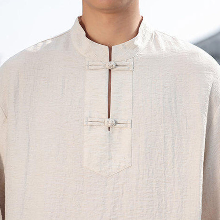 Buddha Stones Two Frog-Button Stand Collar Long Sleeve Men's Cotton Shirt - image 20