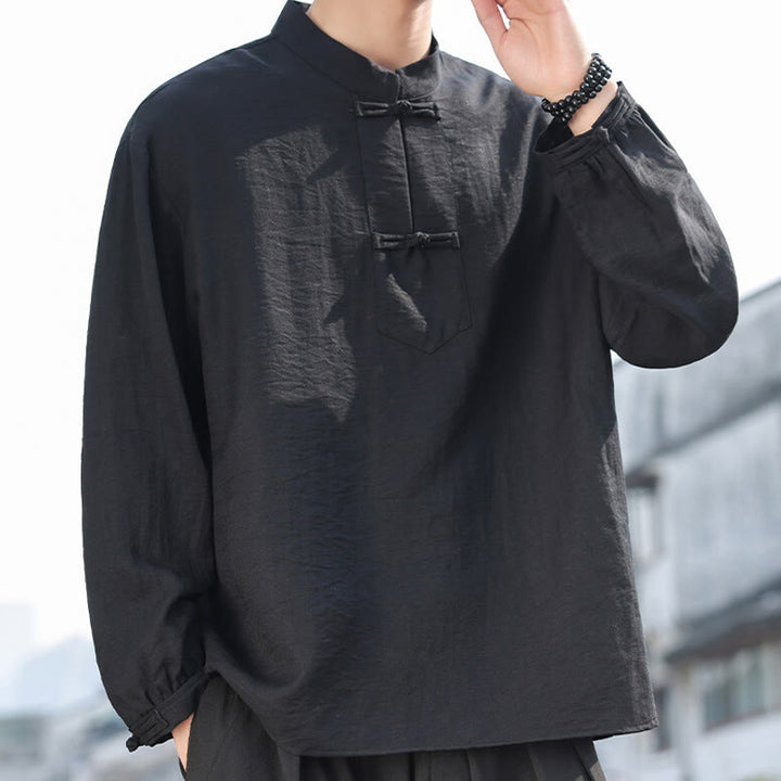 Buddha Stones Two Frog-Button Stand Collar Long Sleeve Men's Cotton Shirt - image 1