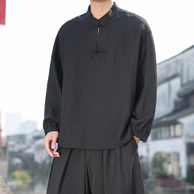 Buddha Stones Two Frog-Button Stand Collar Long Sleeve Men's Cotton Shirt - image 8