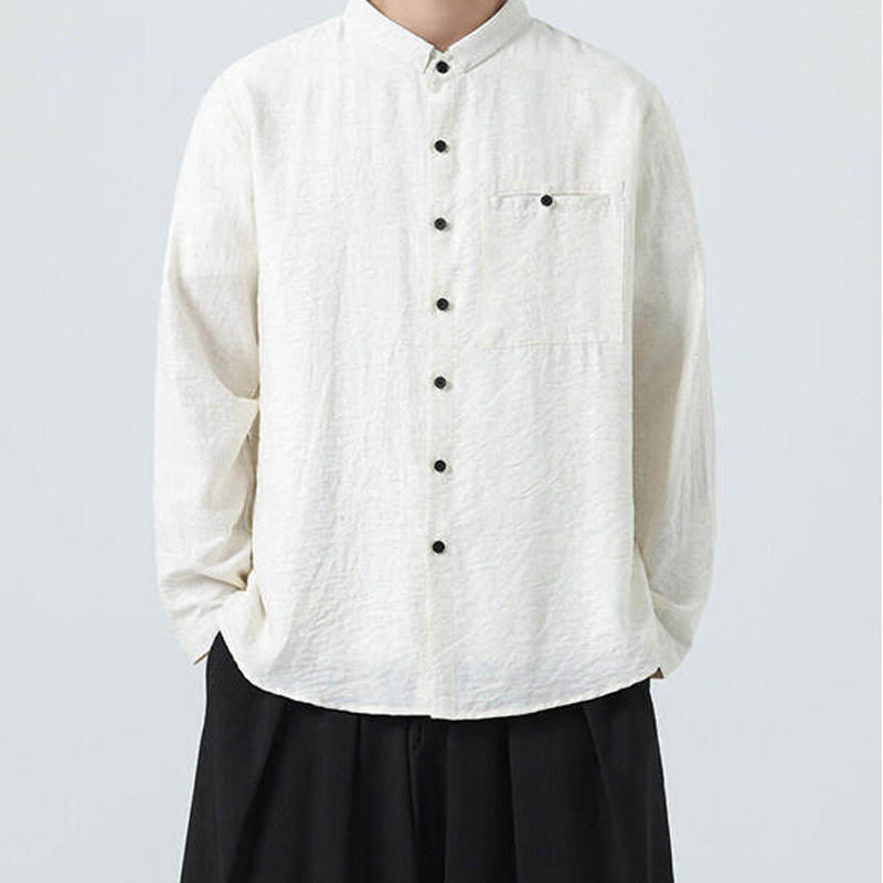 Buddha Stones Vintage Plain Buttons Down Stand Collar Long Sleeve Men's Cotton Shirt - image 6