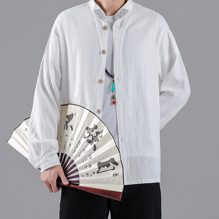 Buddha Stones Embroidered Auspicious Clouds Stand Collar Button Down Long Sleeve Men's Cotton Shirt - image 7