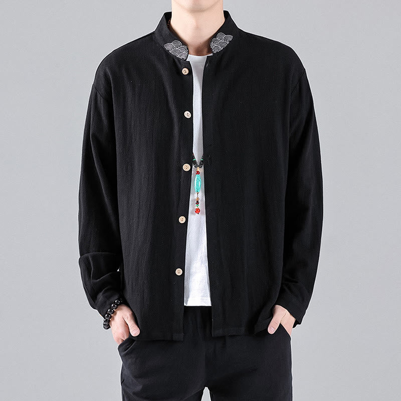 Buddha Stones Embroidered Auspicious Clouds Stand Collar Button Down Long Sleeve Men's Cotton Shirt - image 1