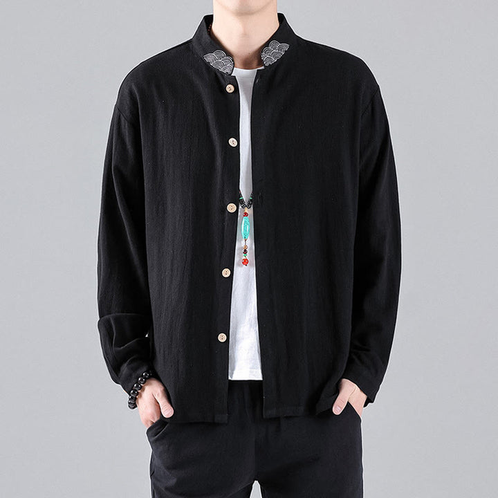 Buddha Stones Embroidered Auspicious Clouds Stand Collar Button Down Long Sleeve Men's Cotton Shirt - image 1