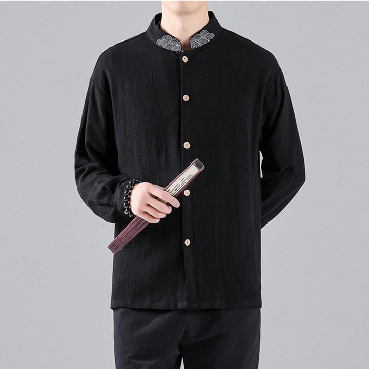 Buddha Stones Embroidered Auspicious Clouds Stand Collar Button Down Long Sleeve Men's Cotton Shirt - image 3
